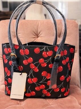 Y2K Cherry Print Black Tote Bag - Classic w/ wallet